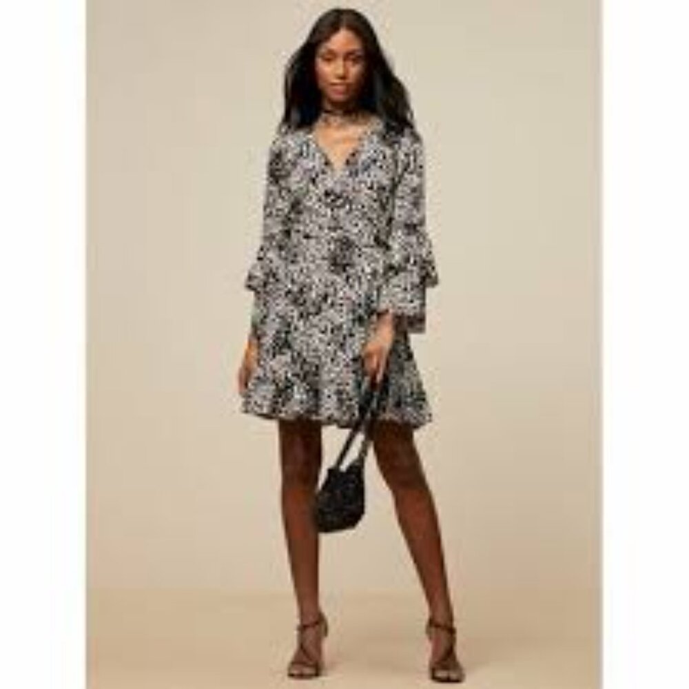 Scoop Black White Animal Print Ruffle Bell Sleeve Rayon Wrap Dress Sz S (4-6)